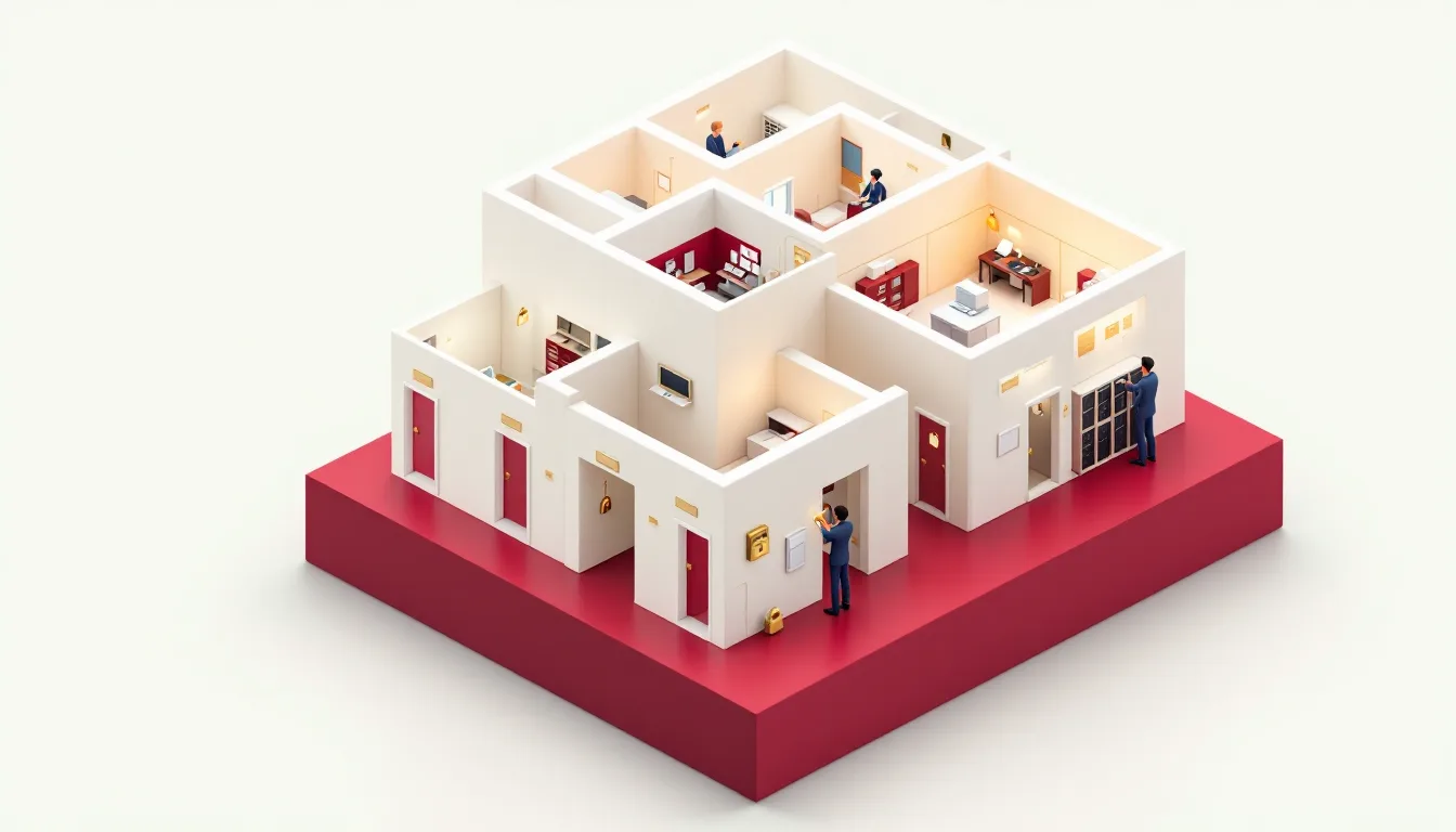 Isometric model of an office building with several doors being padlocked in gold
