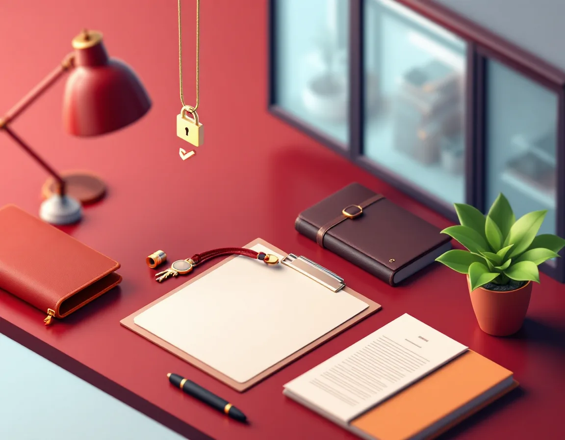 Isometric desk with a ticked checklist, a hardware security key and a leather legal portfolio