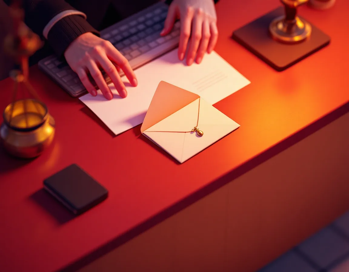 Isometric illustration of a front desk where an envelope tied to a small brass fishhook sits on the keyboard